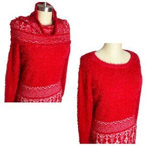 Lauren Michelle Sweater Womens Size M Red White Eyelash Knit Cowl Neck